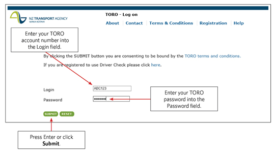 TORO login screen, showing where to enter your login and password details.