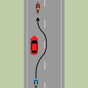 A red motorcycle is in front of a red car with 2 seconds between them. A  black arrow shows the red motorcycle's path to pass the red car.