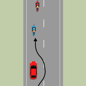 A red motorcycle and blue motorcycle have passed a red car. A black arrow shows the bath the blue motorcycle took to pass and come in behind and to the left of the red motorcycle.