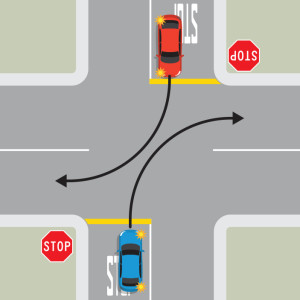 Two vehicles are stopped opposite each other at stop signs at an intersection. They are both indicating to turn right. Black arrows indicate the path they take to turn right.