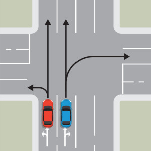 A blue car and a red car are travelling in the same direction in their own lane. Black arrows show the blue car in the left lane car can travel straight ahead or turn left. A black arrow shows the red car can travel straight ahead or turn right.