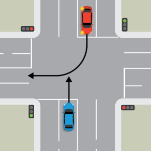 A blue car is heading straight through a 4-way intersection controlled by traffic lights. An oncoming red car is indicating right. They both have green lights.