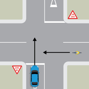 A blue car is approaching a 4-way intersection, headed straight through. A cyclist is approaching to the right of the blue car, on the intersecting road. The blue car is behind a give way sign and white line.