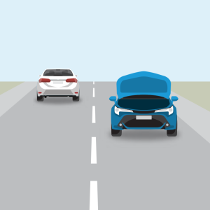 White car driving away, blue car driving towards with bonnet up blocking driver's vision through windscreen