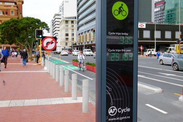 Auckland Transport cycle trips monitoring station positioned next to cycleway on the Auckland waterfront.