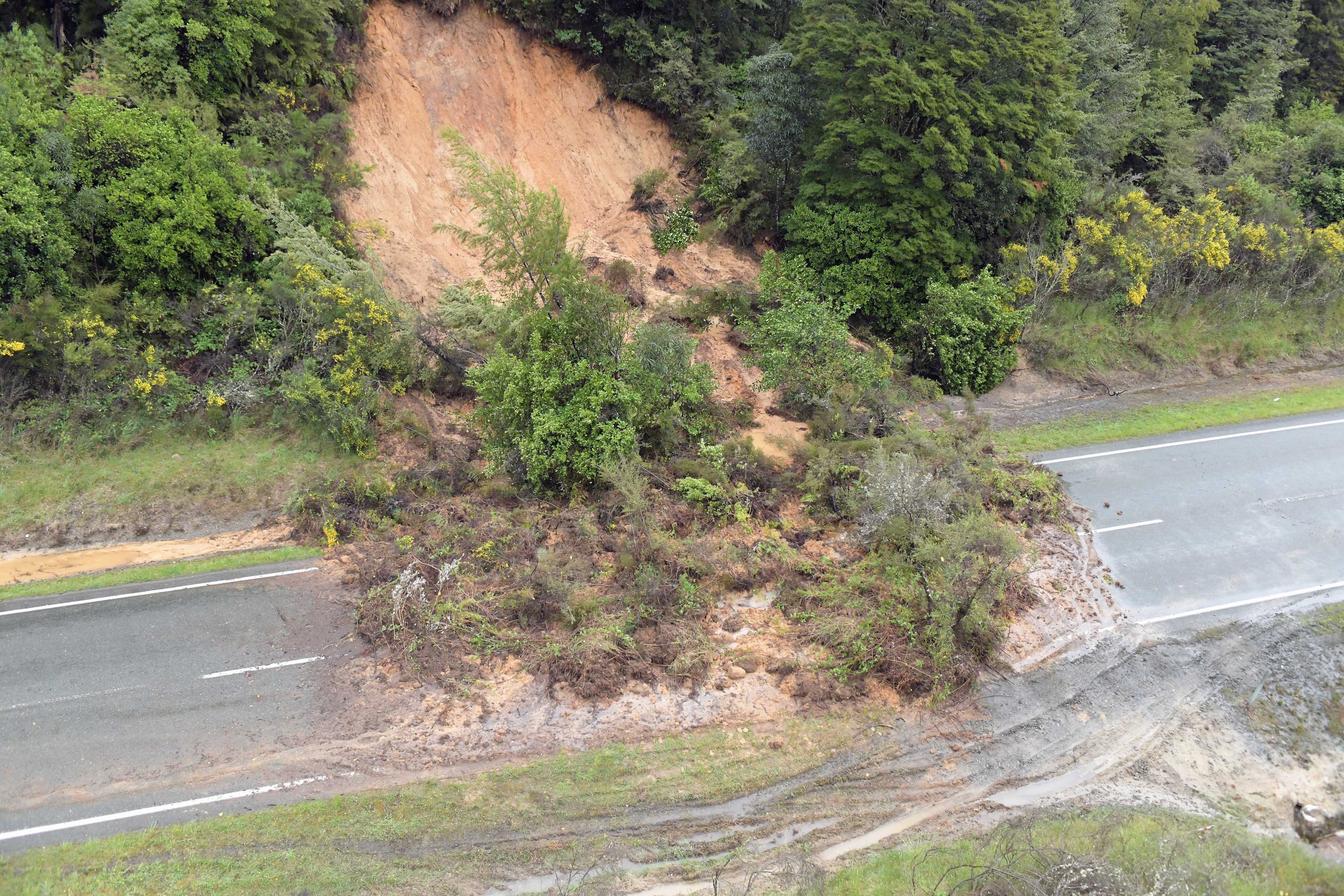 Close up of slip covering road on SH6 north of Murchison