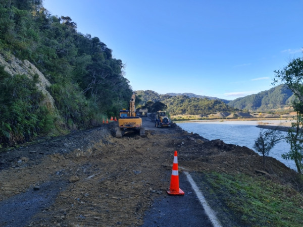 Work continues at the site of a major collapse on State Highway 35 near Motu River bridge