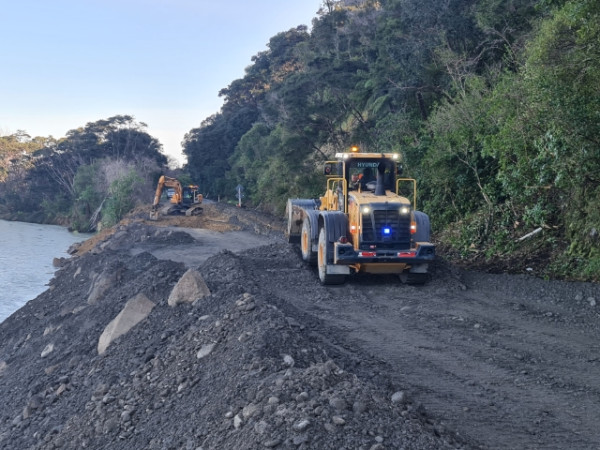 Work continues at the site of a major collapse on State Highway 35 near Motu River bridge