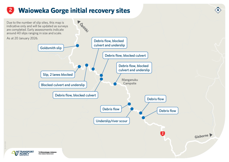 Map showing Waioweka Gorge recovery sites, marked with labeled blue dots indicating various slip-related issues like debris flows and blocked culverts, dated January 20, 2026.
