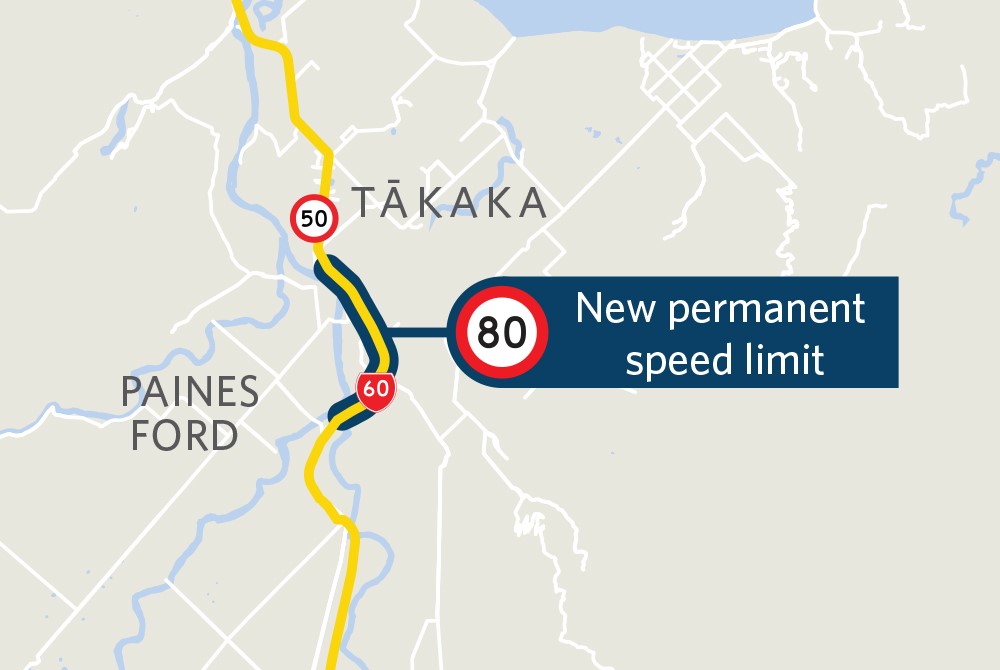 Location of new 80km permanent speed limit between Tākaka and Paines Ford on State Highway 60.