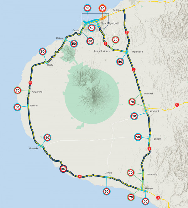 Map showing the speed limits along Taranaki speed reviews SH45, SH44, SH3 and SH3A in Taranaki.