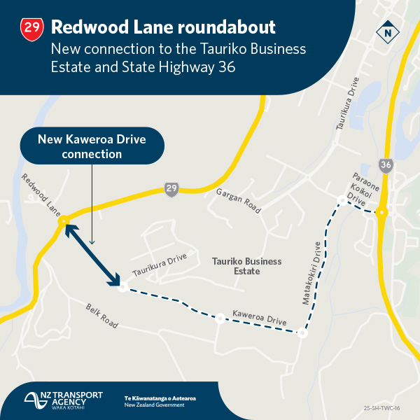 Map showing location of the new Kaweroa Drive connection in relation to the roundabout.