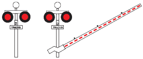 Two white poles with large red lights on either side. A sign saying tracks sits on the pole under the lights. The second pole has an arm with red dashes that raises up and down. 