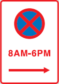 A white sign with a red border. Inside a blue circle with a red border and a red x over it. Under that the time clearway is active and red arrow pointing in the direction the clearway is active. 